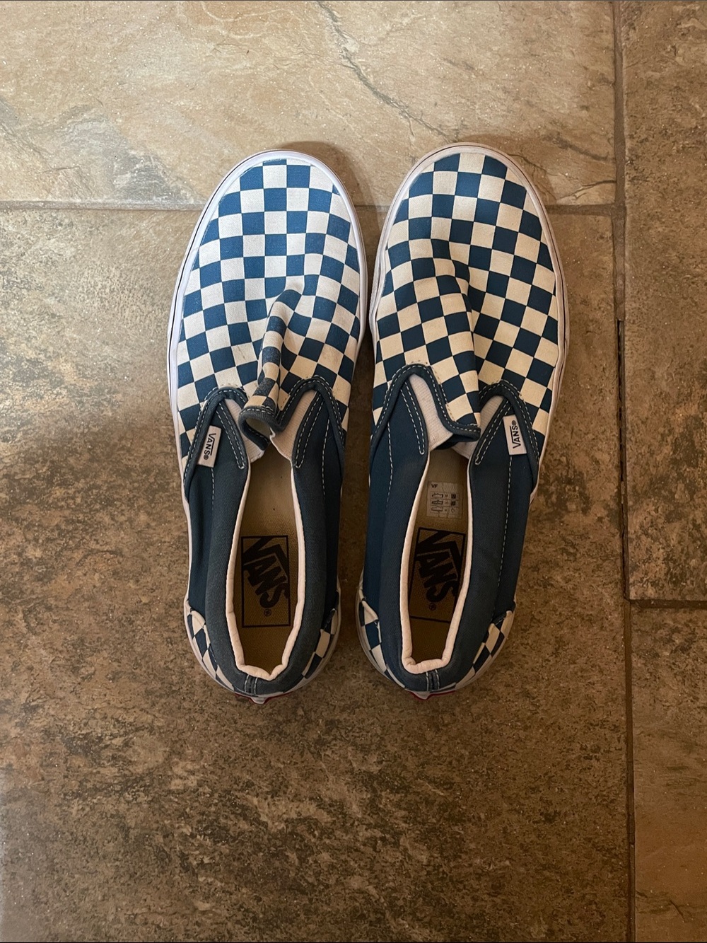 Vans mens Checkerboard Slip-On Sneakers - teal and White